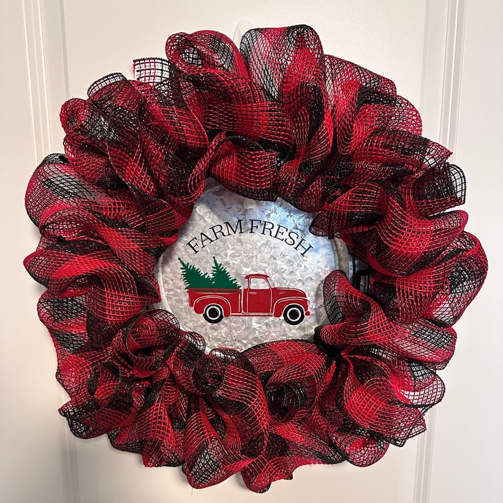 Red & Black Buffalo Check Christmas Wreath Farmhouse Red Truck Holiday Decor